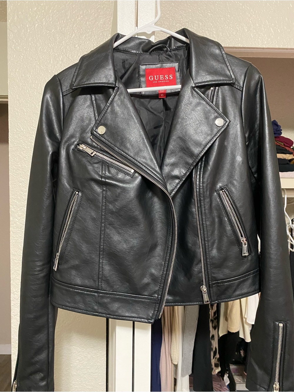 GUESS Black Faux Leather Moto Jacket with Silver Hardware